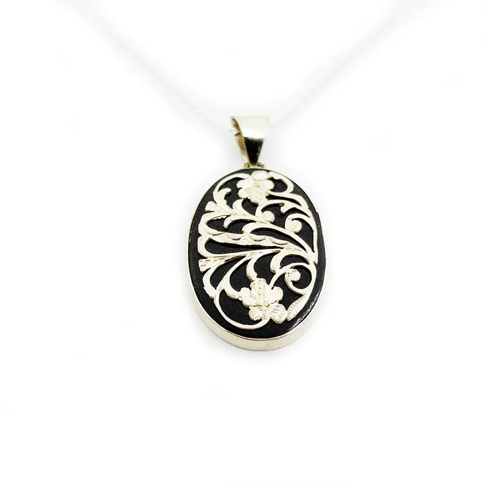 Silver Engraved Handcrafted Oltu Stone Necklace