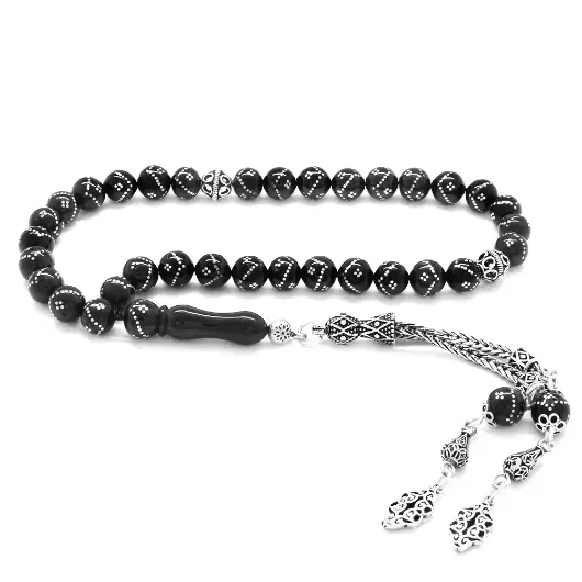 925 K Silver Tasselled Silver Engraved Sphere Cut Erzurum Oltu Stone Prayer Beads