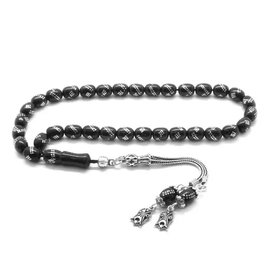Silver Engraved Arpa Cut Erzurum Oltu Stone Prayer Beads