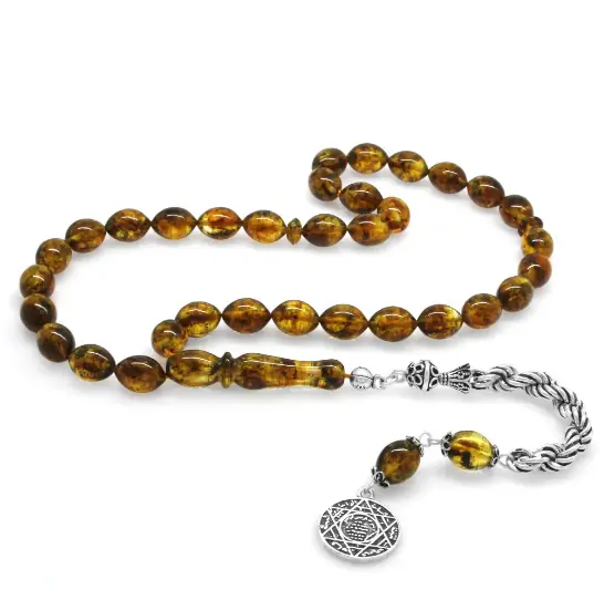 925 K Silver Halat Tasselled Arpa Cut Moiré Yellow Drop Amber Prayer Beads