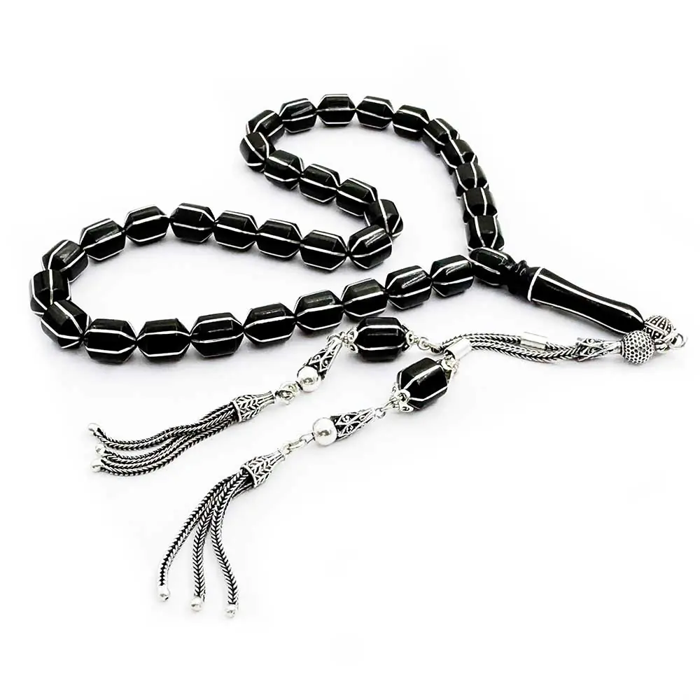 Tipped Capsule Cut Yarma Engraved Erzurum Oltu Stone Prayer Beads