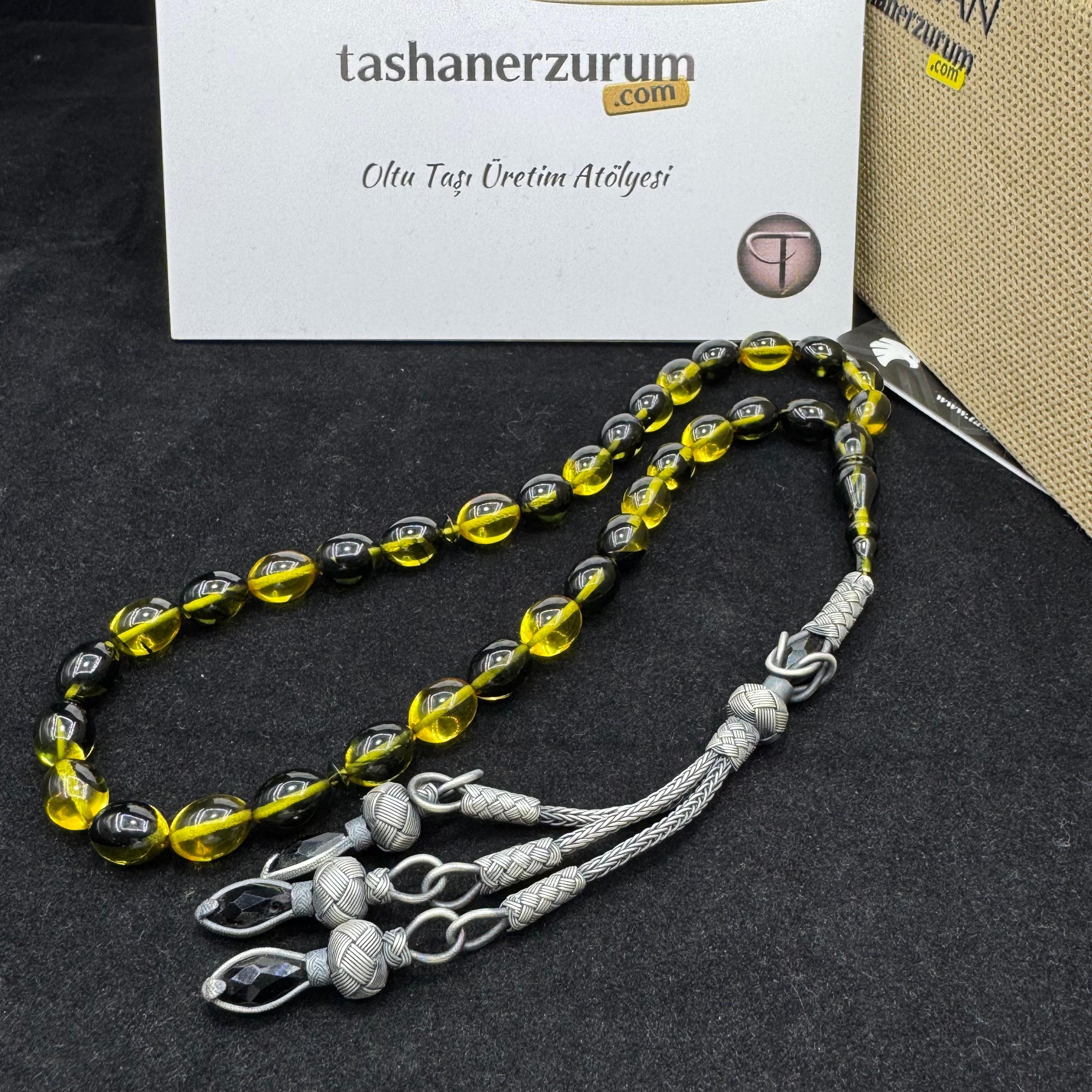 1000 Sterling Silver Kazaz Tasseled Barley Cut Filtered Yellow-Black Fire Amber Rosary