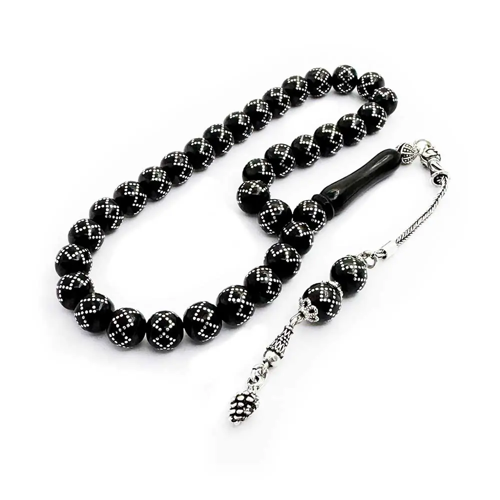Silver Tasselled Silver Engraved Erzurum Oltu Stone Prayer Beads
