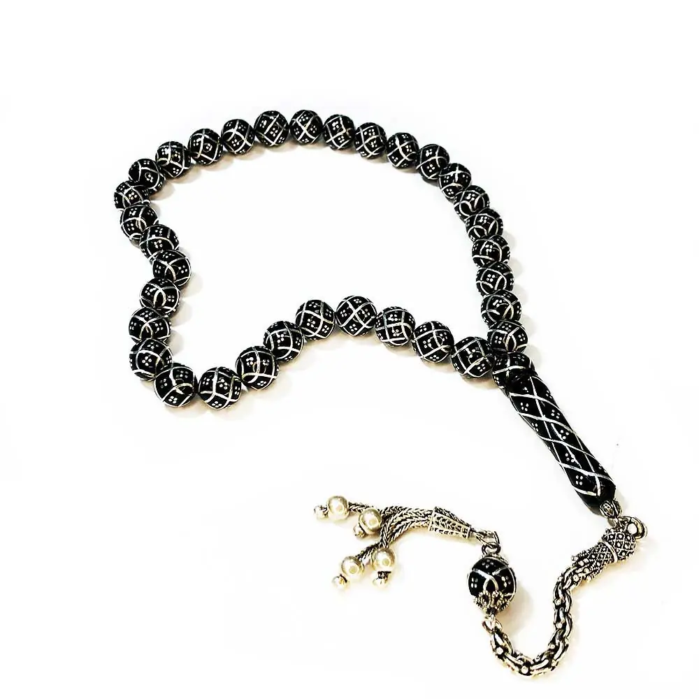 Silver Kafes Engraved Usta Crafted Erzurum Oltu Stone Prayer Beads