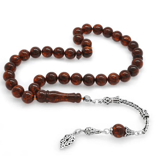925 Sterling Silver Tasseled Globe Cut Light Cognag Drop Amber Rosary