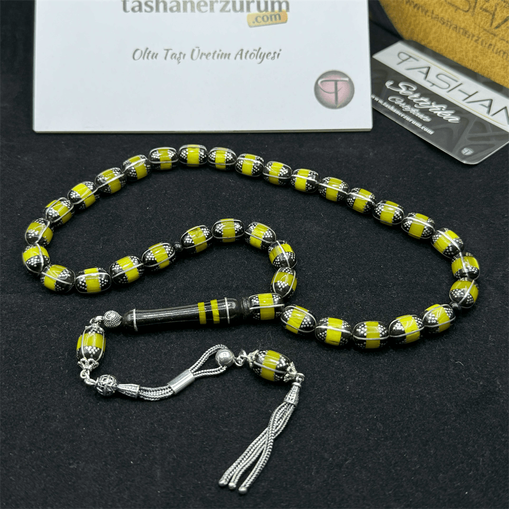 Damla Amber Spiral Master Craftsmanship Silver Tasseled Oltu Stone Prayer Beads