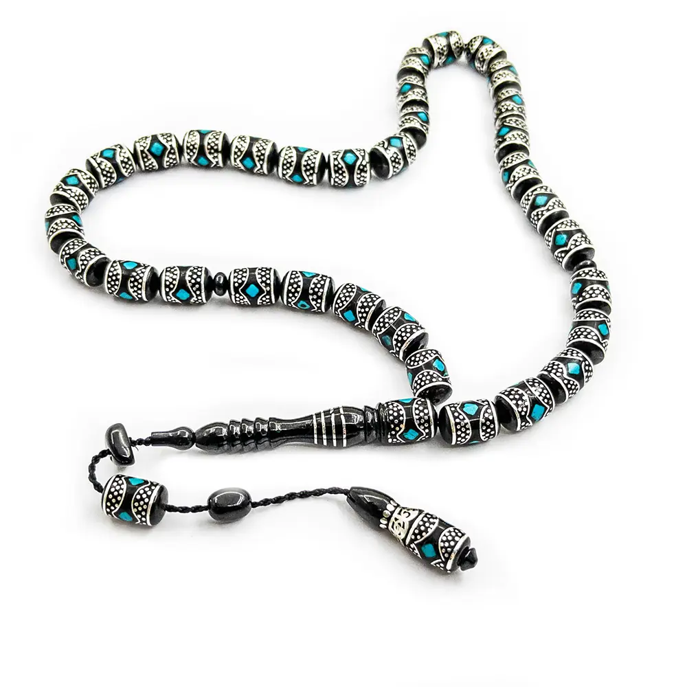 Koleksiyonluk 925 K Silver Turquoise Engraved Handcrafted Special Yapım Erzurum Oltu Stone Prayer Beads