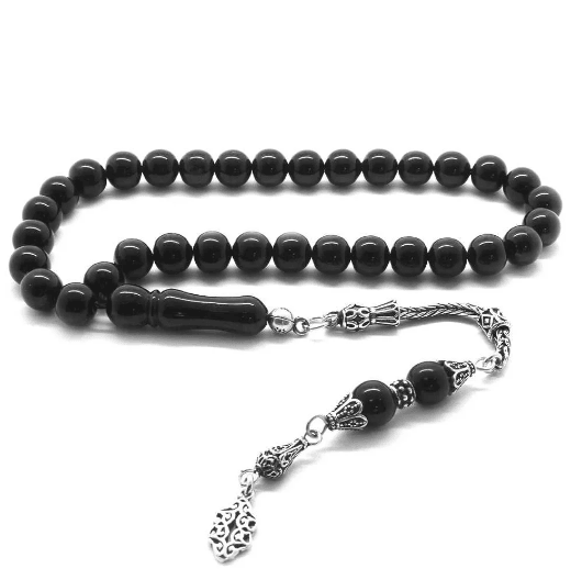 925 Sterling Silver Tasseled Erzurum Oltu Stone Rosary