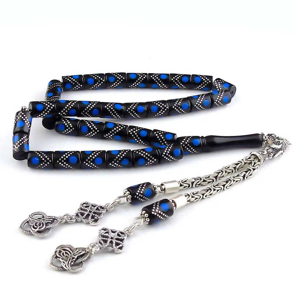 Silver Blue Engraved Kesme Erzurum Oltu Stone Prayer Beads