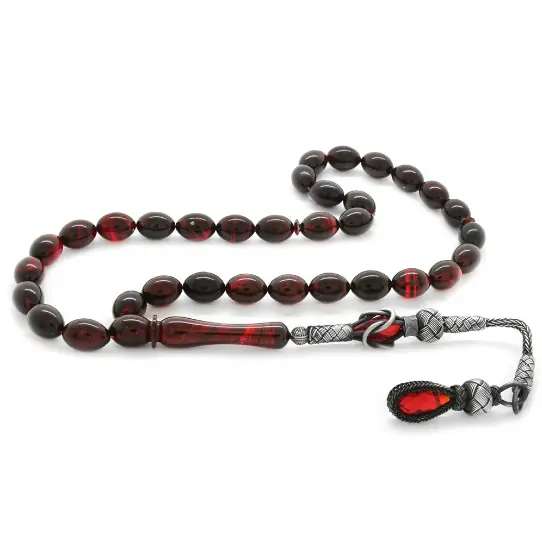 Silver Kazaz Tasselled Arpa Cut Red-Siyah Fire Amber Prayer Beads