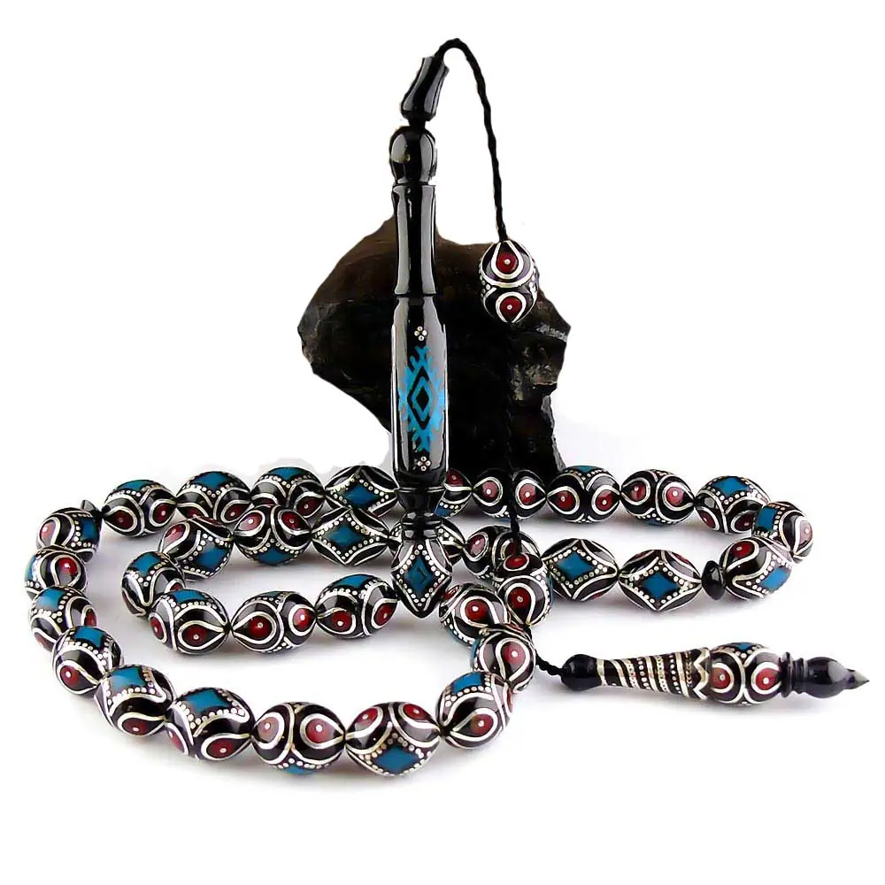 Silver Turquoise Coral Engraved Koleksiyonluk Erzurum Oltu Stone Prayer Beads