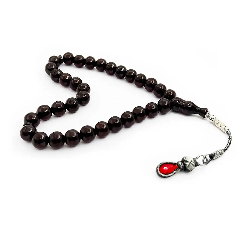 1000 K Silver Kazaz Tasselled Sphere Cut Dark Red Drop Amber Prayer Beads