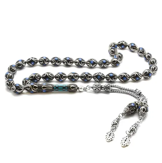 925 K Silver Tasselled Silver-Firuze Engraved Arpa Cut Erzurum Oltu Prayer Beads