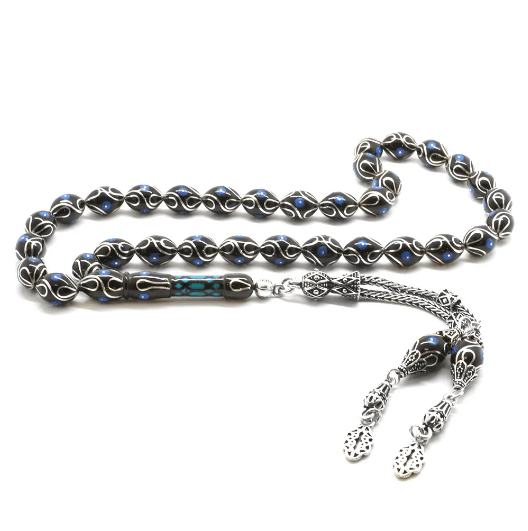 925 Sterling Silver Tasseled Silver-Turquoise Embroidered Barley Cut Erzurum Oltu Tasbih