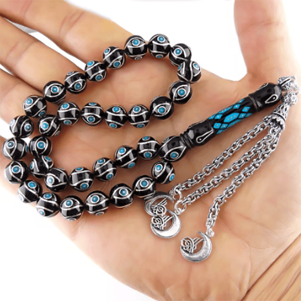 Silver Turquoise Embroidered Master Workmanship Erzurum Oltu Stone Prayer Beads