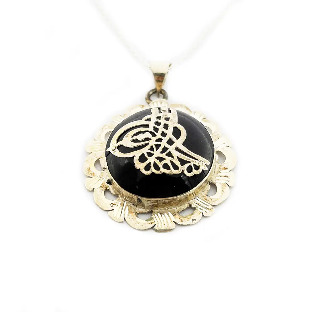 Silver Tughra Engraved Handcrafted Oltu Stone Necklace