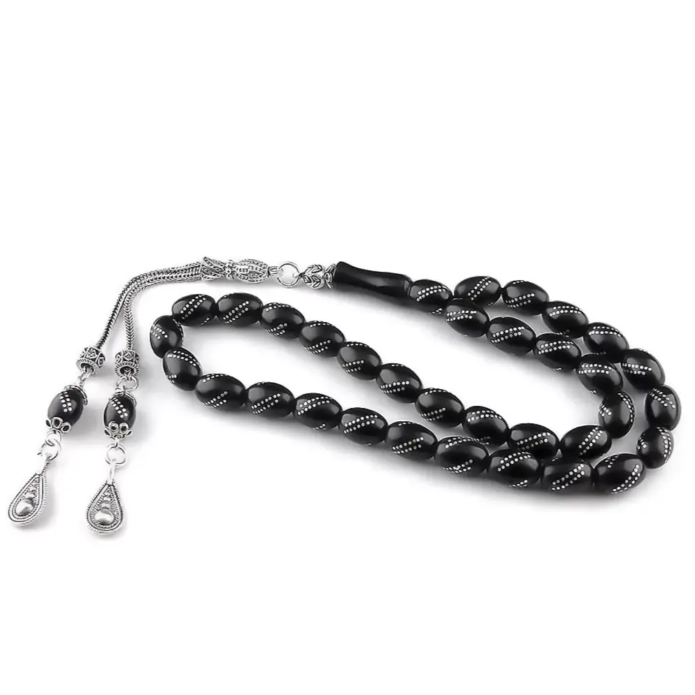 Silver Engraved Erzurum Oltu Stone Prayer Beads