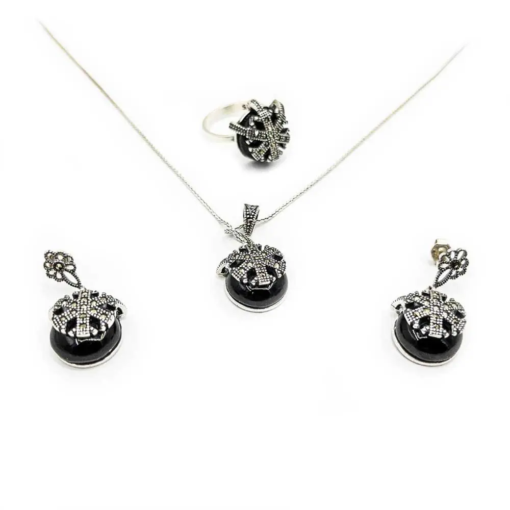 Silver Snow Flake Figured Handcrafted Oltu Stone Women's Necklace Earrings Ring 3 lü Set