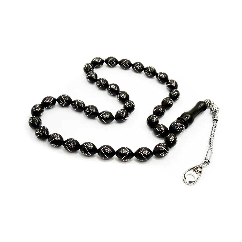 Silver Engraved Badem Cut Erzurum Oltu Stone Prayer Beads