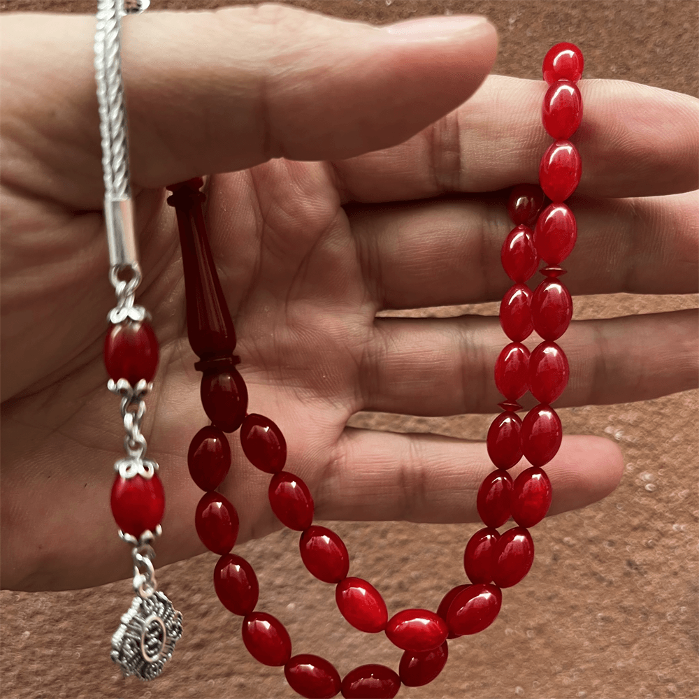 Red-Black Fire Amber Rosary with 925 Sterling Silver Tassels