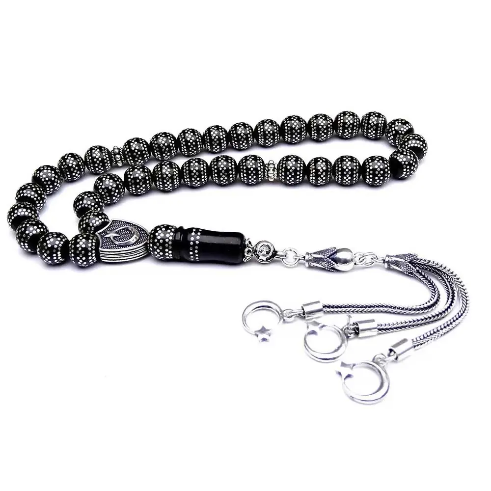 Silver Engraved Erzurum Oltu Stone Prayer Beads