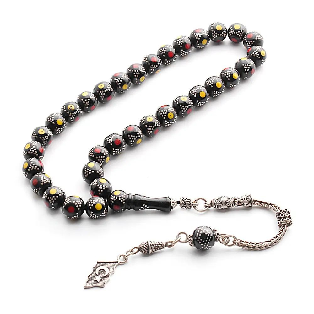 Yellow Red Silver Engraved Erzurum Oltu Stone Prayer Beads