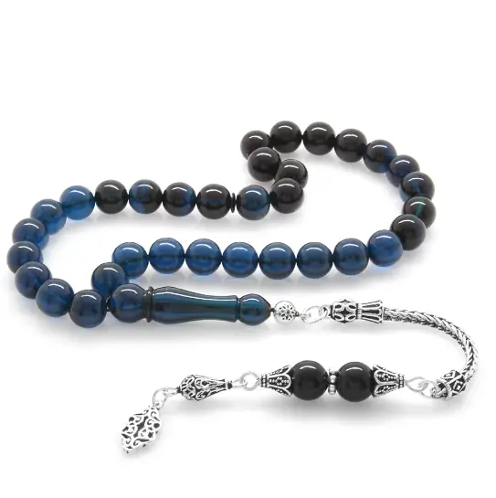 925 K Silver Tasselled Sphere Cut Süzme Blue-Siyah Pressed Amber Prayer Beads