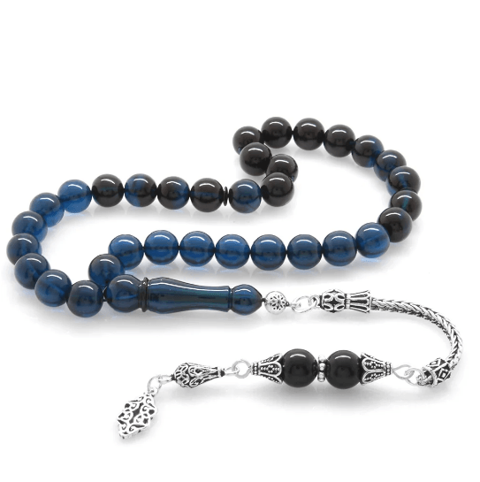 925 Sterling Silver Sphere Cut Blue-Black Pressed Amber Rosary with Tassels