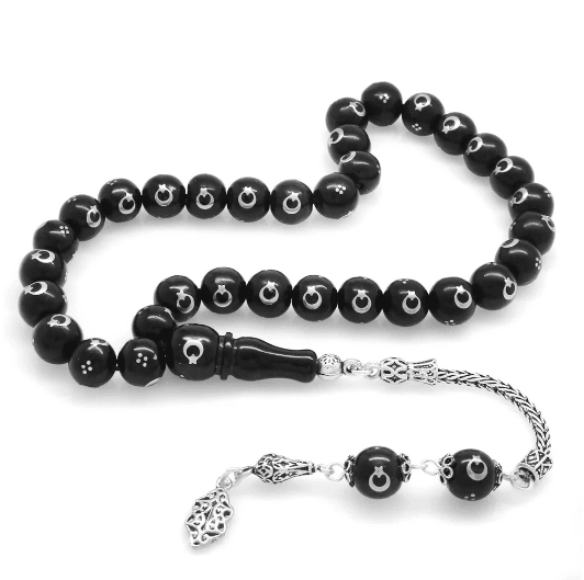 Silver Crescent and Star Embroidered Oltu Stone Rosary
