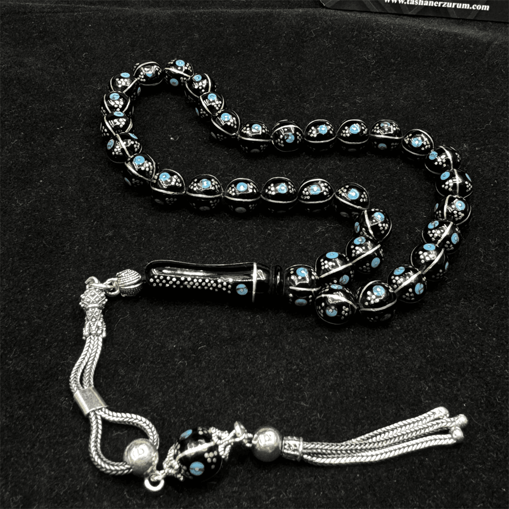 Silver Turquoise Embroidered Erzurum Oltu Stone Rosary