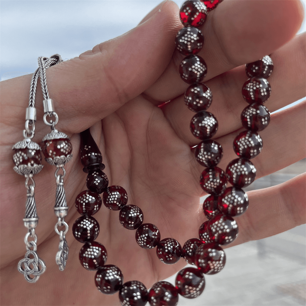 925 Sterling Silver Tasseled Intense Silver Embroidered Sphere Cut Red Crimped Amber Rosary