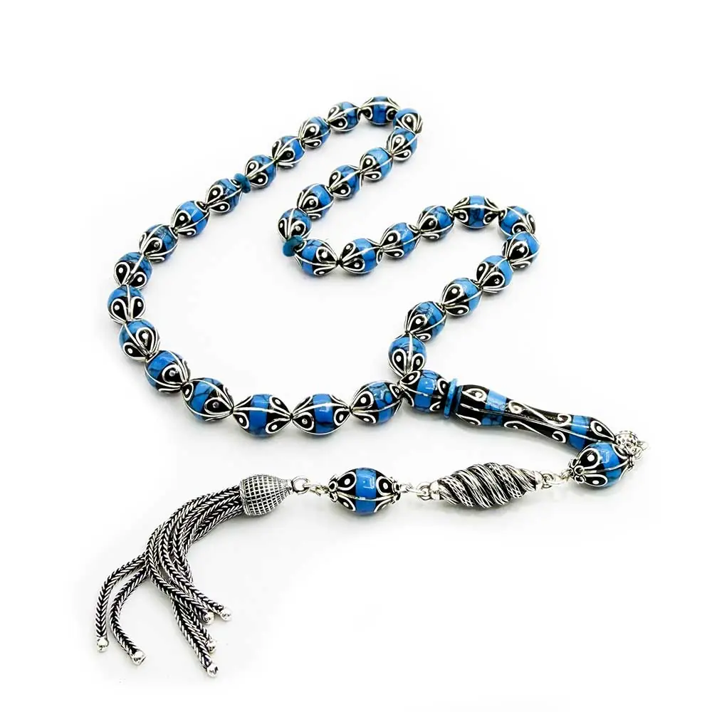 Silver & Turquoise Engraved Premium Koleksiyonluk Erzurum Oltu Stone Prayer Beads