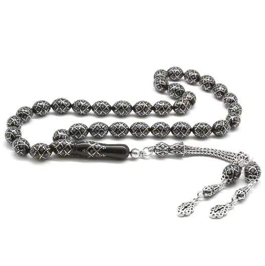 925 K Silver Tasselled Silver-Firuze Engraved Arpa Cut Erzurum Oltu Prayer Beads