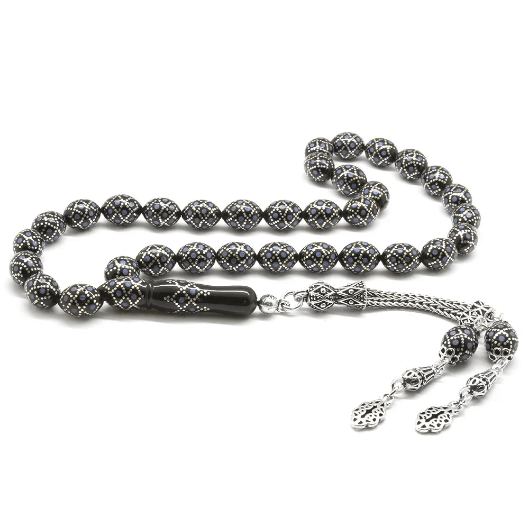 925 Sterling Silber Quasten Silber-Türkis bestickt Gerstenschliff Erzurum Oltu Tasbih