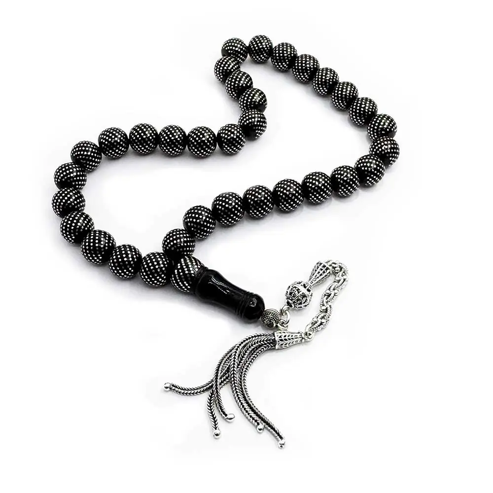 Silver Inlay Engraved Erzurum Oltu Stone Prayer Beads