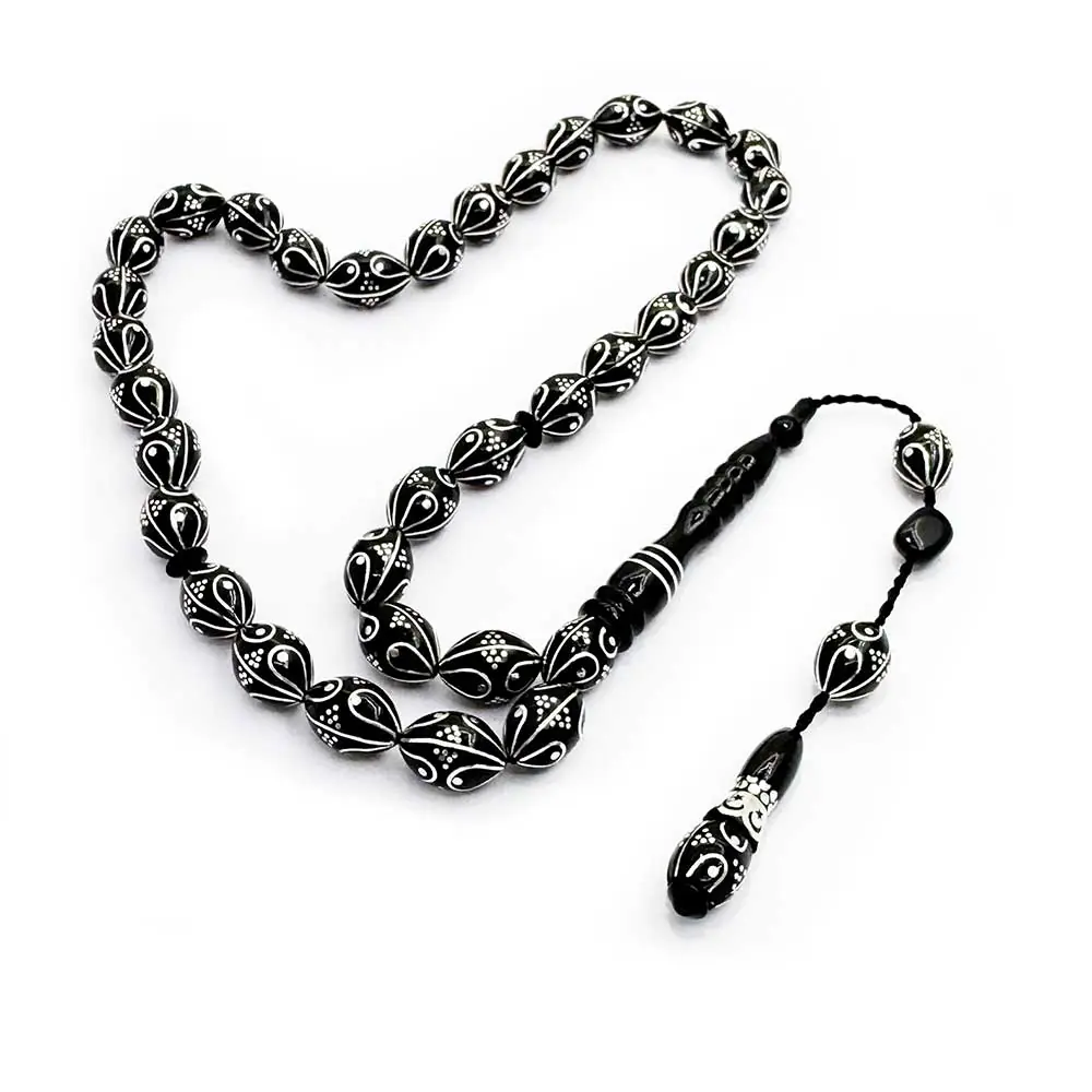 Silver Engraved Kumpas Crafted Erzurum Oltu Stone Prayer Beads