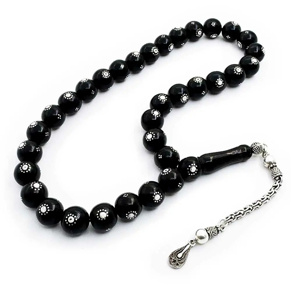 White Enamel & Silver Engraved Handcrafted 12 mm Erzurum Oltu Stone Prayer Beads