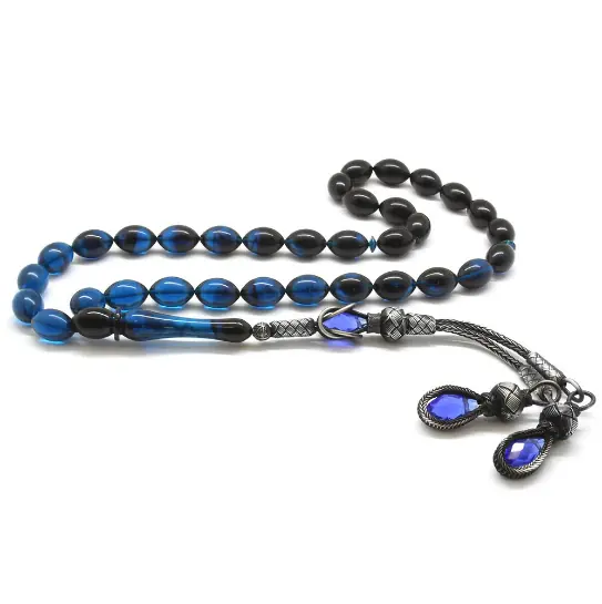 1000 K Silver Kazaz Tasselled Arpa Cut Süzme Blue-Siyah Pressed Amber Prayer Beads