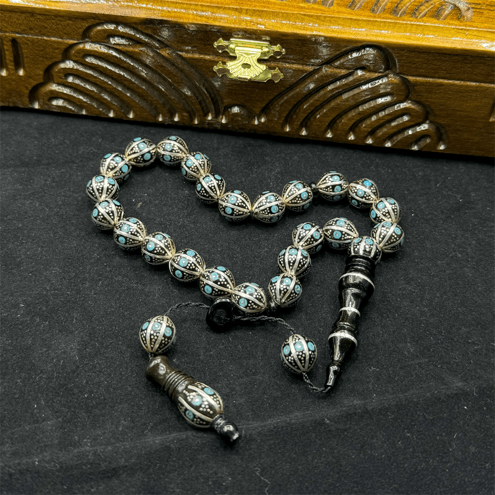 Silver Split and Turquoise Embroidered Master Workmanship 23-Piece Erzurum Oltu Stone Efe Stress Rosary