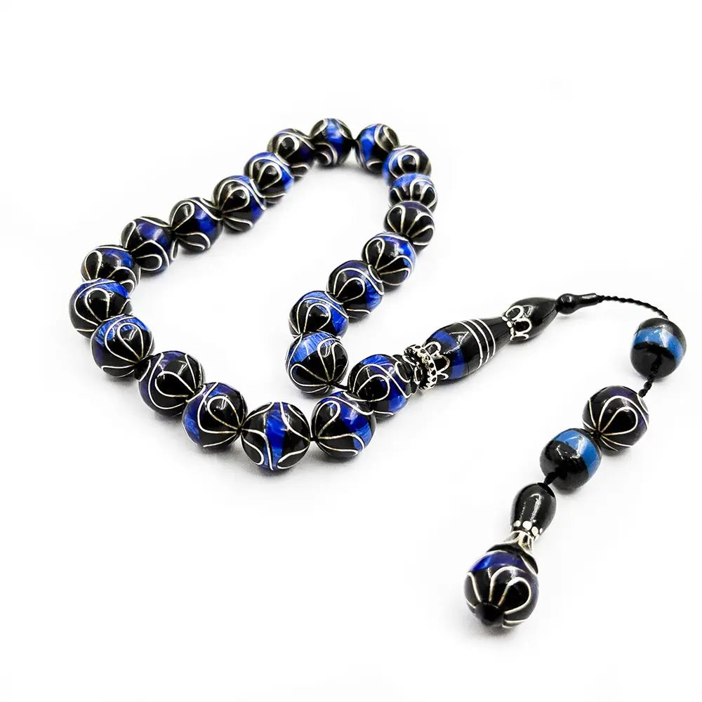 Silver & Amber Engraved 17 li Erzurum Oltu Stone Efe Stres Prayer Beads