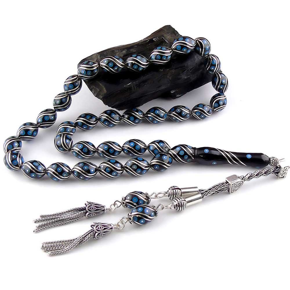 Silver Turquoise Embroidered Erzurum Oltu Stone Rosary