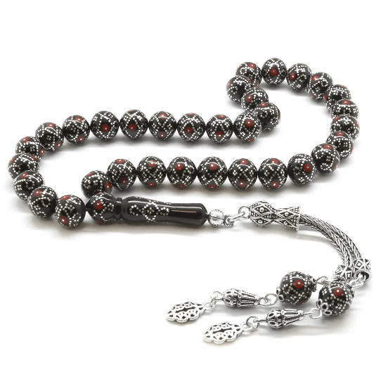 Silver-Coral Processed Sphere Cut Erzurum Oltu Stone Prayer Beads with 925 Sterling Silver Tassels