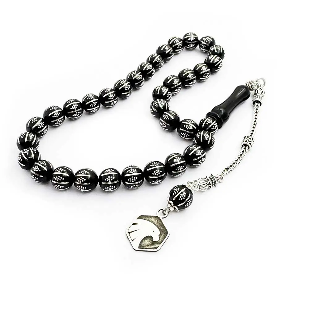 Silver Yarma & Nokta Engraved 10 mm Erzurum Oltu Stone Prayer Beads