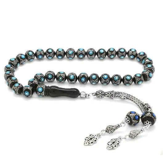 925 K Silver Tasselled Silver-Firuze Engraved Sphere Cut Erzurum Oltu Stone Prayer Beads