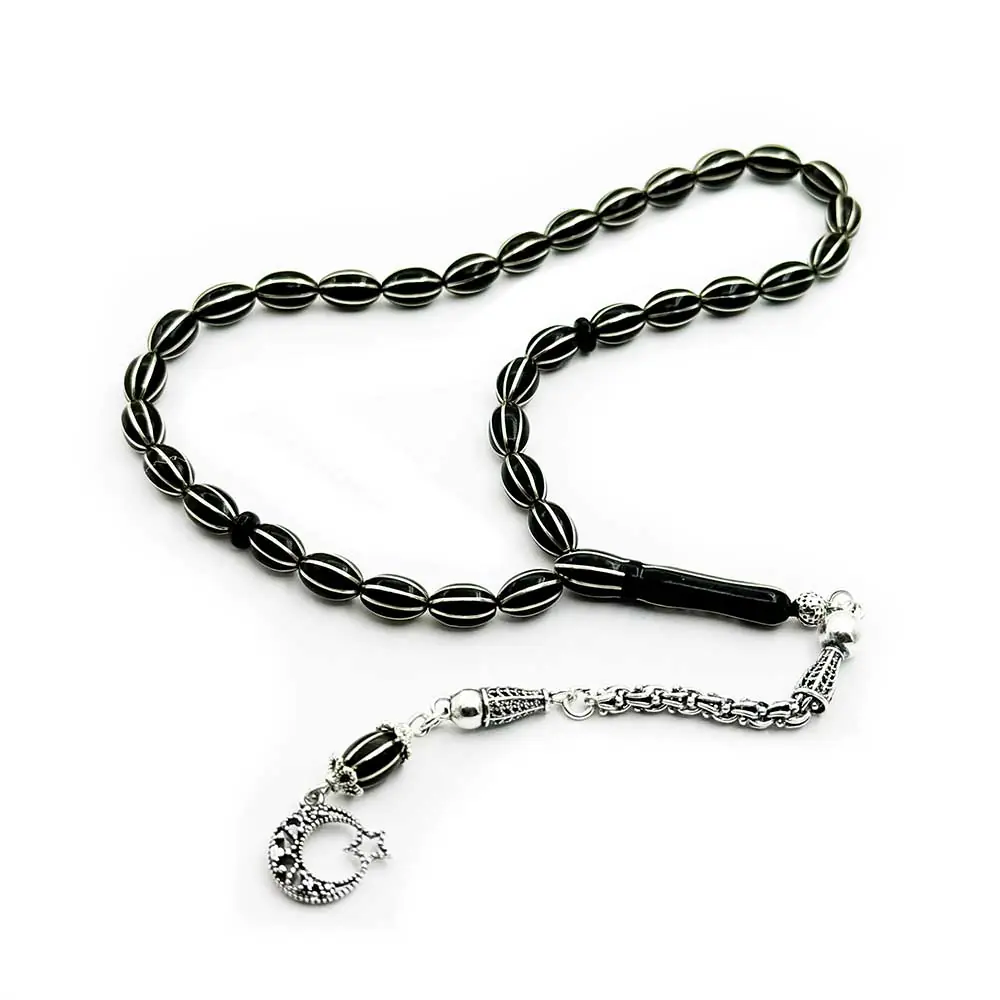8 li Silver Karpuz Yarma Engraved Erzurum Oltu Stone Prayer Beads