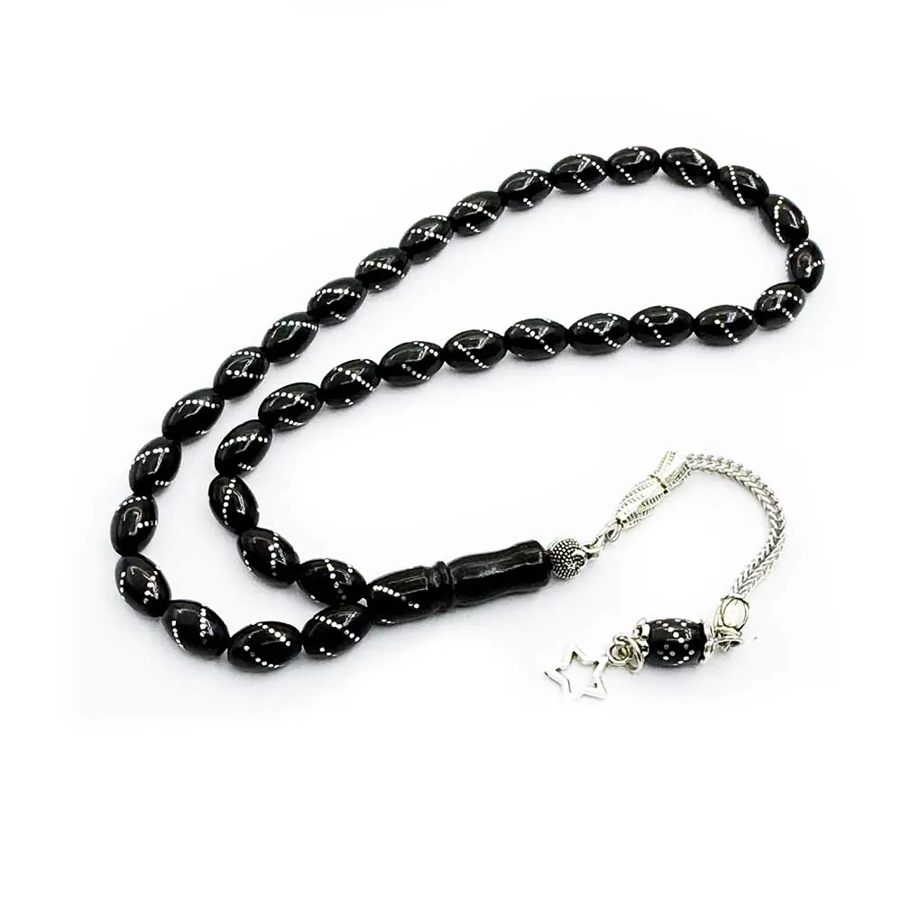 Silver Engraved Arpa Cut Erzurum Oltu Stone Prayer Beads