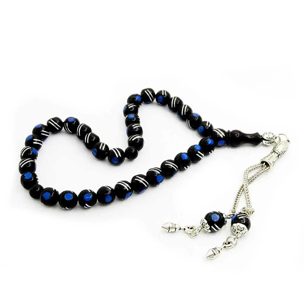 Silver & Turquoise Engraved Erzurum Oltu Stone Prayer Beads