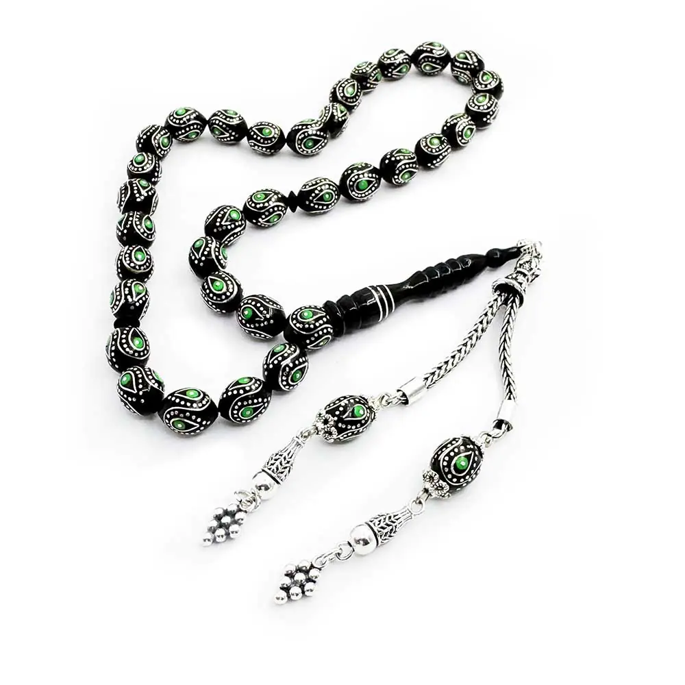925 K Silver Tasselled Silver-Mine Engraved Arpa Cut Erzurum Oltu Stone Prayer Beads