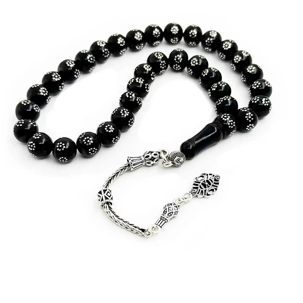 Silver Tasselled Silver Twist Desen Engraved Erzurum Oltu Stone Prayer Beads