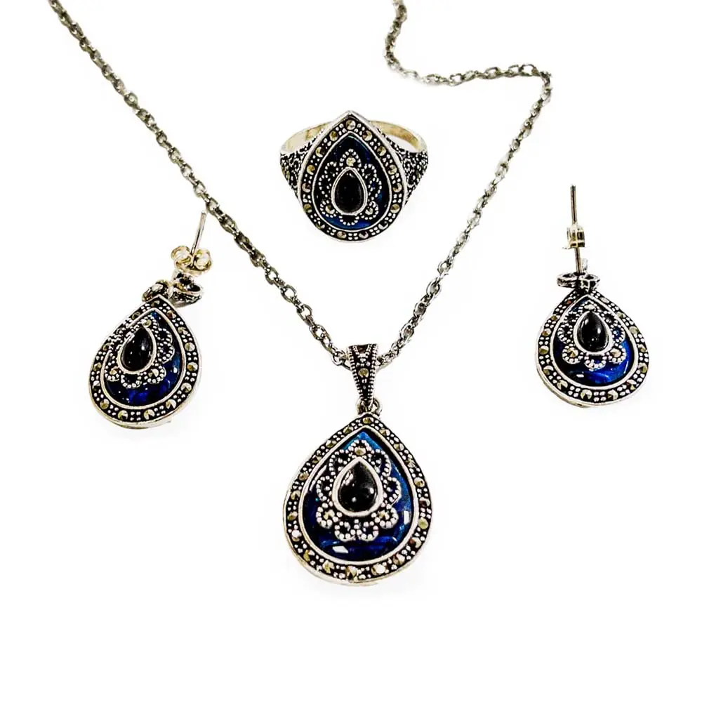 925 K Silver Blue Mother-of-Pearl & Oltu Stone-set Handcrafted Necklace Earrings Ring 3 lü Women's Set